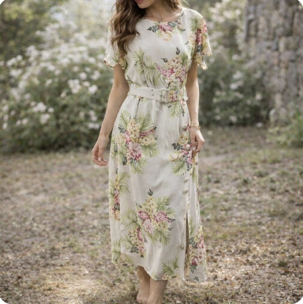 Vintage Montefiore Sz 10 USA Cream Floral Side button Slit Belted Sheath Dress